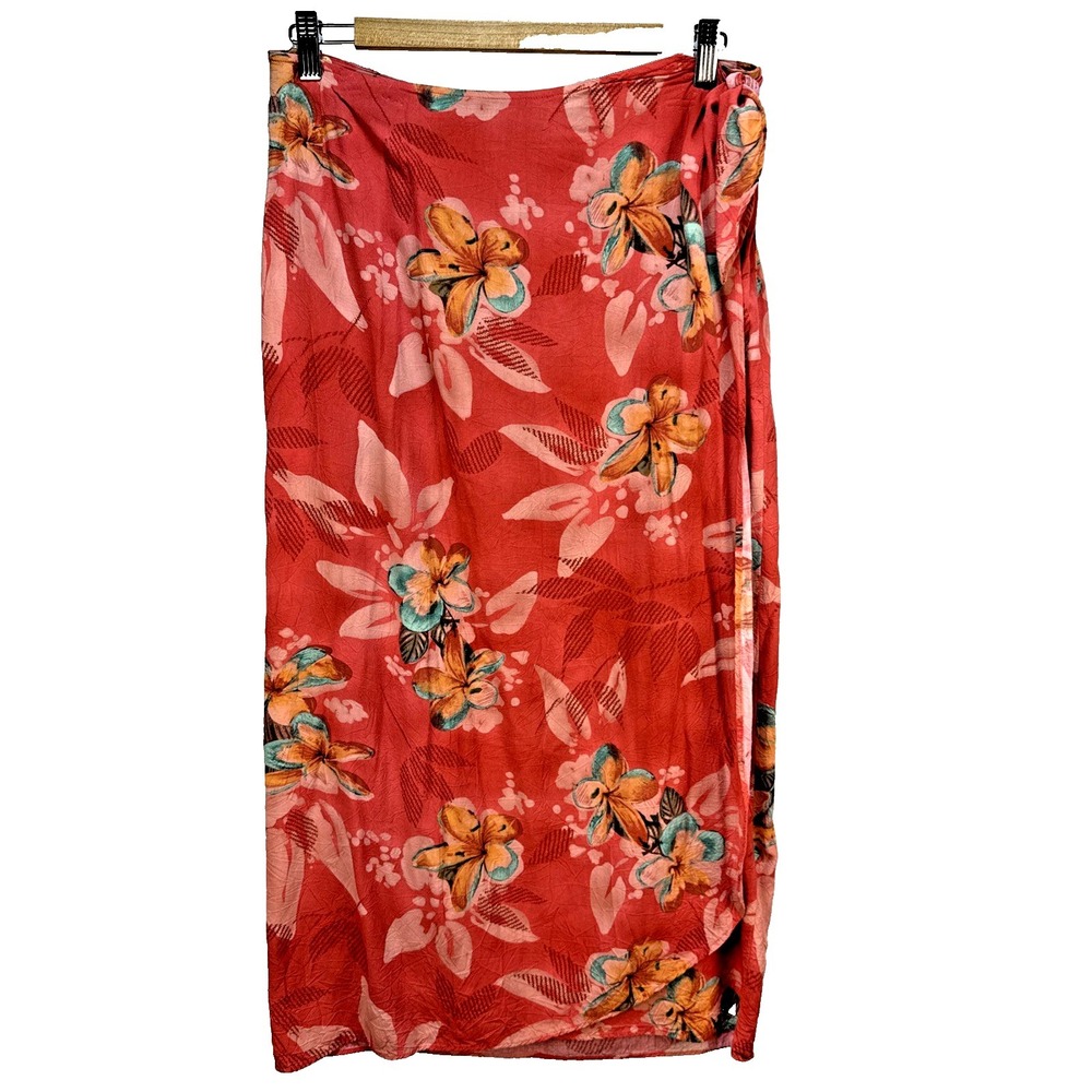Jams World Midi Maxi Francesca Wrap Skirt Size L Red Pink Hawaiian Floral USA